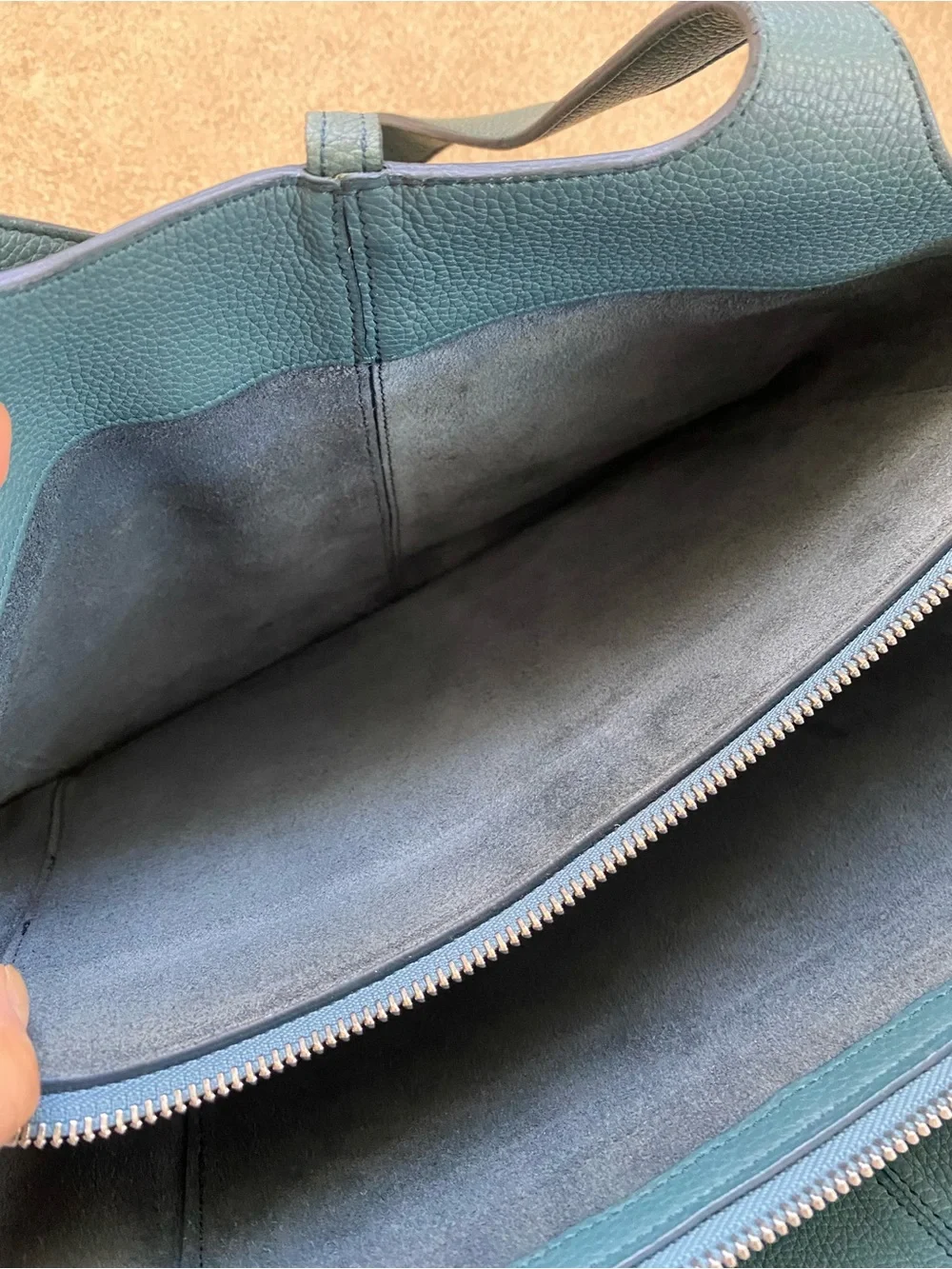 Celine Teal Blue Pebbled Leather Medium Trifold Tote